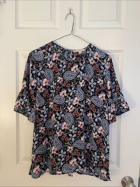 LOFT Navy Paisley & Floral Short Sleeve Blouse